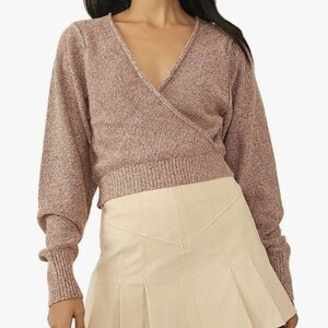 Free People Going For Gold Sweater Wrap Front Balletcore Rose Pink Knit Crop XS